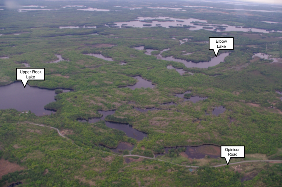 Aerial view of Upper Rock and Elbow Lakes