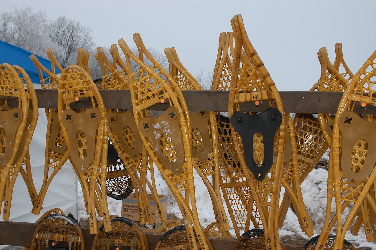 Multiple snowshoes on rack
